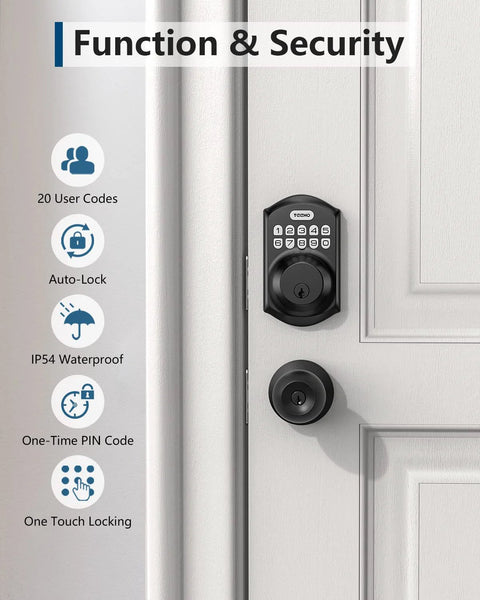 Front view of TEEHO TE001 keyless entry door lock with keypad in matte black installed on a white door