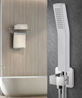 Handheld Shower Head Kit With High Pressure Flow Wall Connector And Hose 304 Stainless Steel Chrome Finish Luxury Bathroom Shower System With Modern Square Design mounted on bathroom wall