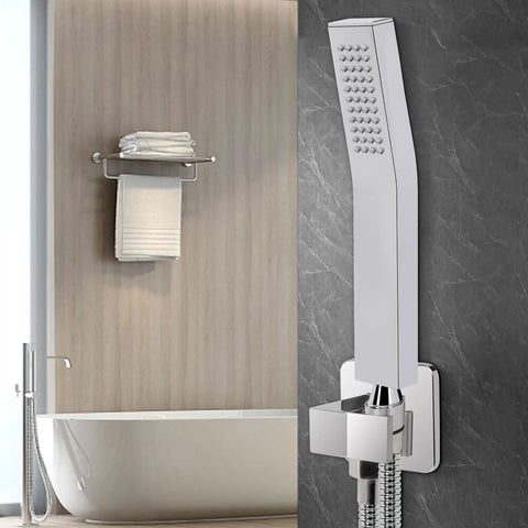 Handheld Shower Head Kit With High Pressure Flow Wall Connector And Hose 304 Stainless Steel Chrome Finish Luxury Bathroom Shower System With Modern Square Design mounted on bathroom wall