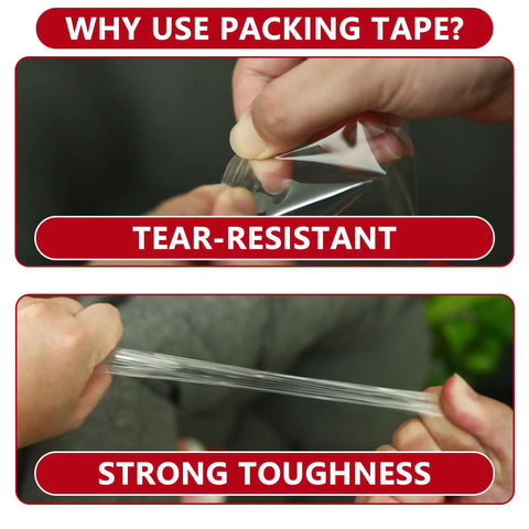 2.7 Mil Thick Ultra Clear Packing Tape demonstrating tear-resistant and strong toughness with close-up of tape stretching.