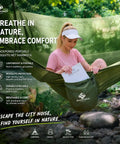 Woman relaxing in green hammock with book, showcasing Camping Hammock With Mosquito Net 360 Degree Protection Ultrafine Mesh.