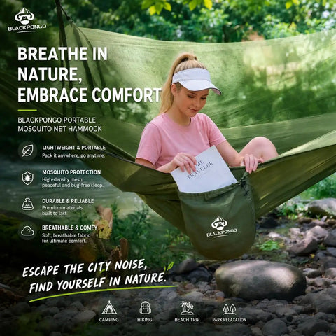 Woman relaxing in green hammock with book, showcasing Camping Hammock With Mosquito Net 360 Degree Protection Ultrafine Mesh.