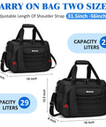 Carry On Duffel Bag For Air Travel And Personal Item, showing 16-inch and 18-inch softside luggage options with pocket design.