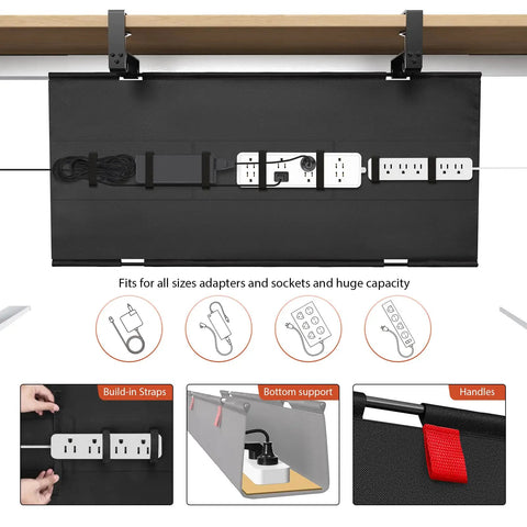 36 Inch Under Desk Cable Management Tray With Clamp And Screws, Large Fabric Cord Organizer showing power cords and USB cables neatly stored