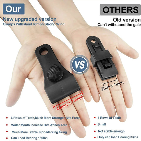 Heavy Duty Lock Grip Tarp Clips Hold Like Crazy With Rock Solid Non Slip Jaw Plus One Hundred Nylon Strap Ties For Securing Tarps Awnings Canopies And Outdoor Shelter Kit Complete Bundle with comparison of upgraded clamp.