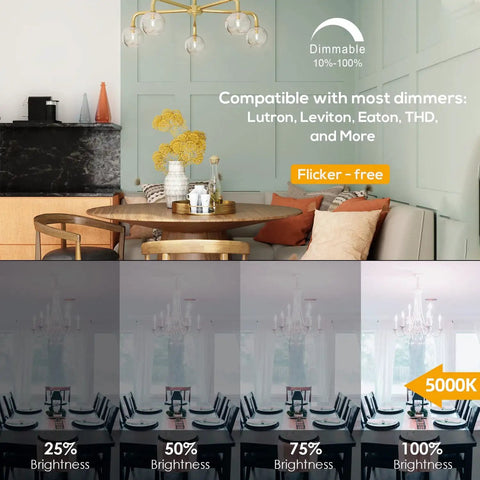 LED Filament Chandelier Bulbs Dimmable 5.5W 60W Equivalent Daylight White 5000K 550 Lumens B11 E12 Candelabra Clear Glass Candle Bulbs 6 Pack UL Listed For A Dope Home Lighting Upgrade, showcasing dimmable lighting setup with varying brightness levels from 25% to 100% in a dining area.