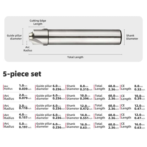 Five-piece DRINYOUNG corner rounding end mill set, HSS, straight shank, 2-flute CNC mold cutters
