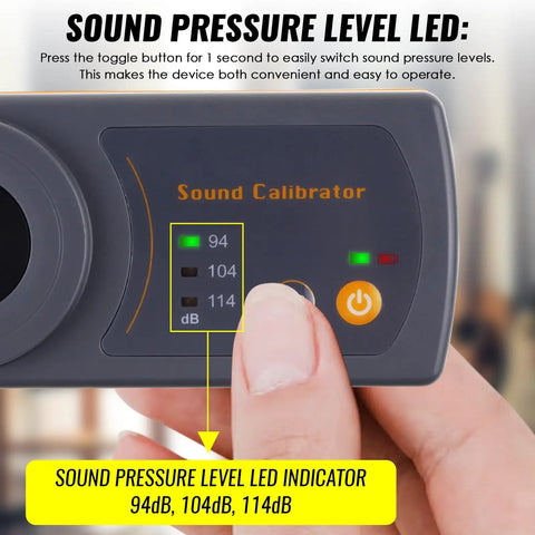 Close-up of Pro Grade Sound Calibrator For Sound Level Meters With Three Calibration Levels 114dB 104dB And 94dB At 1000 Hz.