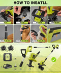 Installation steps for 22V Cordless Garden Tiller Cultivator for Soil Preparation and Weeding, showing tools and assembly process.