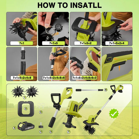 Installation steps for 22V Cordless Garden Tiller Cultivator for Soil Preparation and Weeding, showing tools and assembly process.