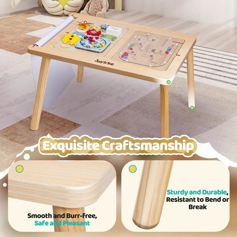 Wooden Sensory Table For Toddlers 1 To 3 With Two Large Storage Bins Four Montessori Activity Boards And Paper Roll displayed indoors