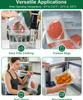 Quart Vacuum Sealer Bags For Food 8x11 Inch With Pre Printed Label Area BPA Free Pb Free Phthalate Free Freezer Safe Microwave Safe Sous Vide Ready Reusable Food Storage Bags To Keep Food Fresh shown in various kitchen uses