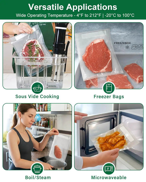 Quart Vacuum Sealer Bags For Food 8x11 Inch With Pre Printed Label Area BPA Free Pb Free Phthalate Free Freezer Safe Microwave Safe Sous Vide Ready Reusable Food Storage Bags To Keep Food Fresh shown in various kitchen uses