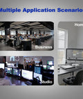 Collage showing Rugged 10 Port Gigabit Ethernet Switch With Auto MDI X RJ45 Ports usage in business, home, and studio settings.