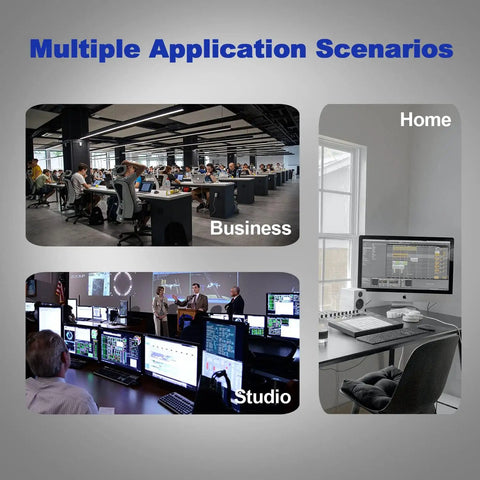 Collage showing Rugged 10 Port Gigabit Ethernet Switch With Auto MDI X RJ45 Ports usage in business, home, and studio settings.