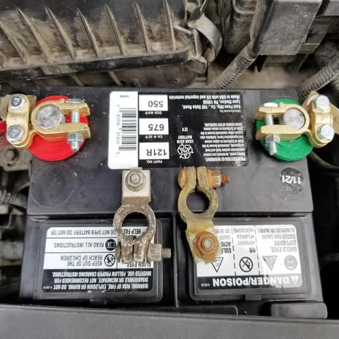Beefy Brass Battery Terminals Top Post Connectors Clamps Set for Marine Cars Boats and RVs One Pair installed on battery