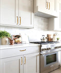 White kitchen with Antique Brass Cabinet Pulls 5 Inch 128mm Solid Zinc Alloy Drawer Handles Set Of 10 For Kitchen Cabinets Durable Easy To Install