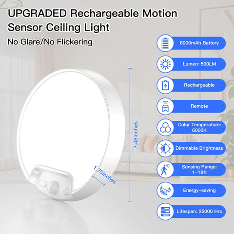Upgraded 8000mAh Rechargeable Ceiling Light With Remote Wireless Motion Sensor LED Fixture For Shower Bathroom Closet Stairs Hallway And Porch Cool White 6000K Long Lasting Battery No Wiring Needed