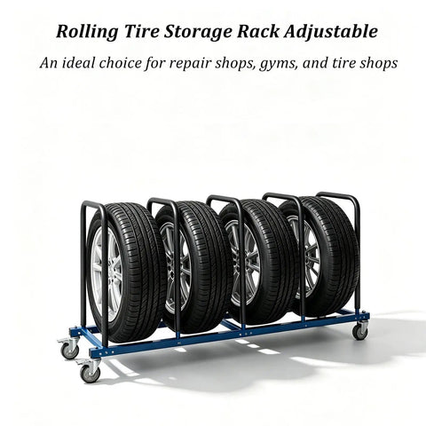 Built Like A Tank Heavy Duty Tire Stand With Smooth Rolling Locking Casters Rust Proof Steel Rack holding four tires securely in a workshop.