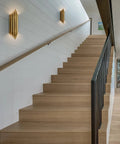 Modern Metal Wall Lamp With Two Light Brass Wall Sconces In Stainless Steel Finish in sleek stairway setting