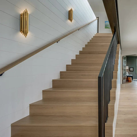 Modern Metal Wall Lamp With Two Light Brass Wall Sconces In Stainless Steel Finish in sleek stairway setting