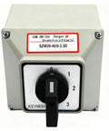 Front view of 40 Amp Changeover Switch With Exterior Box, 4 Positions And 3 Poles, Latching Cam Switch, IP65 Rated, in electrical setup