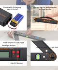 16 Inch Digital Angle Finder Protractor With 225 Degree Range, Aluminum Body, LCD Backlight, accessories and features