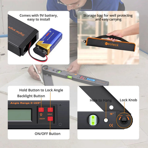 16 Inch Digital Angle Finder Protractor With 225 Degree Range, Aluminum Body, LCD Backlight, accessories and features