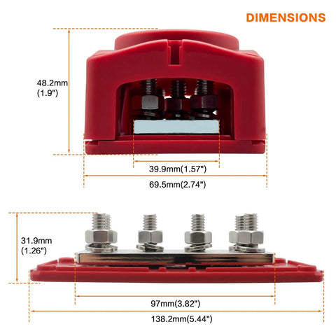Badass Heavy Duty 450 Amp 12-48 Volt Busbar Box dimensions shown, featuring nickel plated copper contacts and six M8 studs.