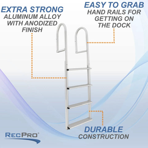 5 Step Stationary Dock Ladder With Beefy Aluminum Build 20 Inch Wide Marine Grade Dock Access For Boats Easy Flip Up Design And Quick Release Pin For Safe Boarding with handrails