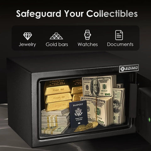 Sturdy Fireproof Dorm Room Safe Box with Wall Mount Kit and Digital Passcode Lock, open with cash, gold bars, passport visible