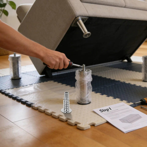Installation of 8 Piece Double Ear Headrest Hinge Insert Kit For Couches And Recliners, showing zinc alloy ratchet sleeve and tools.