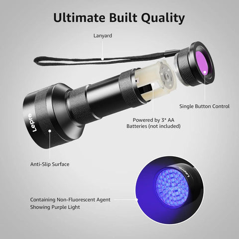 Image showing 51 LED UV Light Handheld Blacklight 395nm Ultraviolet Flashlight, anti-slip surface, lanyard, battery slot.