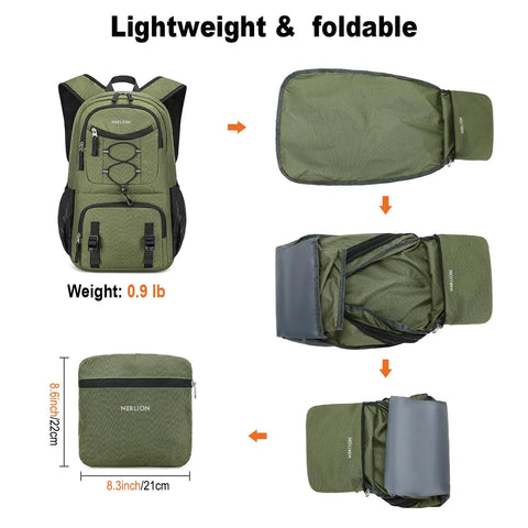 Lightweight 35L Foldable Hiking Backpack For Men And Women, shown folded and unfolded, green, ideal for travel and camping use.