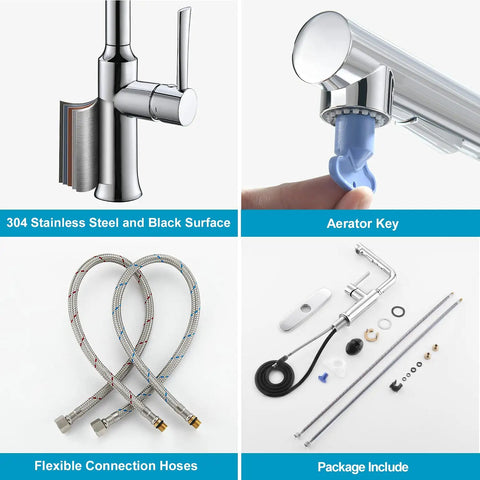 Bar Sink Faucet with Pull Down Sprayer and Magnetic Docking, aerator key, connection hoses, and installation kit