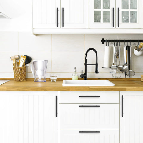 5 Pack 10 Inch Matte Black Square Cabinet Pulls Stainless Steel Kitchen Cupboard Dresser Handles in modern kitchen setup