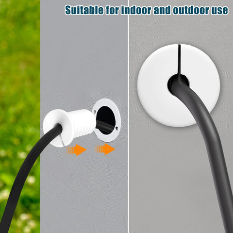 Set Of Four White Three Quarter Inch Cable Grommets For Wall Hole Pass Throughs With Anti Slip Textured Surface Weatherproof Cord Protection For Ethernet And TV Wires 19mm Diameter Grommets For Cable Routing in use with black cable