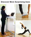 Woman using Ergonomic Under Desk Foot Rest With Non Slip Surface For Better Posture And Circulation, A Four Inch High Foot Stool in standing desk setup.