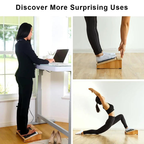 Woman using Ergonomic Under Desk Foot Rest With Non Slip Surface For Better Posture And Circulation, A Four Inch High Foot Stool in standing desk setup.