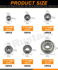Deep groove ball bearings set, carbon steel, double shielded; 60 pcs in six sizes shown in product size diagram.