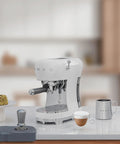 Retro White Italian Espresso Machine Featuring Manual 15 Bar Pump And Strong Steam Wand For Dope Home Brewed Shots And Creamy Milk Froth That Hits Different Every Single Time on kitchen counter.