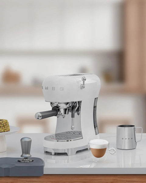 Retro White Italian Espresso Machine Featuring Manual 15 Bar Pump And Strong Steam Wand For Dope Home Brewed Shots And Creamy Milk Froth That Hits Different Every Single Time on kitchen counter.