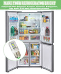 Open fridge with food, inset of Bright LED Refrigerator Light Bulb Replacement For Frigidaire Kenmore 5304511738 PS12364857 image.