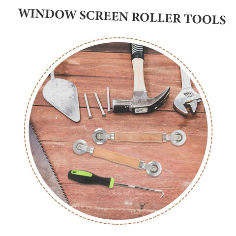 Pro Grade Screen Repair Tool Kit 3 Piece For Windows And Doors With Ergonomic Spline Remover Roller Tools And Hook Quick Fix For Damaged Screens DIY Replacement Set shown with tools on wooden surface