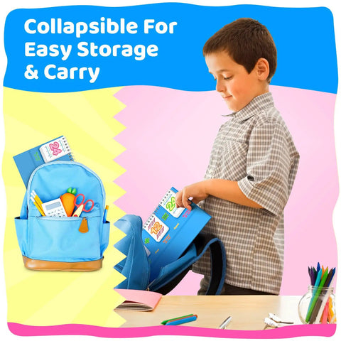 Child placing Addition And Subtraction Flash Cards Set For Preschool And Elementary Kids into a backpack