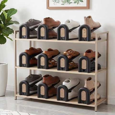 12 Pack Adjustable Shoe Slot Organizers, double layer closet stackers displaying various shoes in sleek black woven finish.