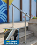 Premium 3 Step Stair Handrail For Indoor And Outdoor Spaces Built With Hella Durable 304 Stainless Steel Delivering Rock Solid Safety Plus A Totally No Sweat Diy Installation Kit Perfect For Front Porch And Deck Upgrades showing 1.65 in diameter grip handrail on outdoor stairs.
