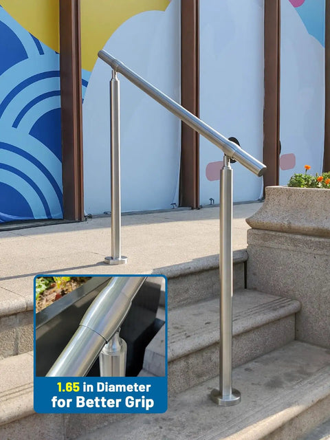 Premium 3 Step Stair Handrail For Indoor And Outdoor Spaces Built With Hella Durable 304 Stainless Steel Delivering Rock Solid Safety Plus A Totally No Sweat Diy Installation Kit Perfect For Front Porch And Deck Upgrades showing 1.65 in diameter grip handrail on outdoor stairs.