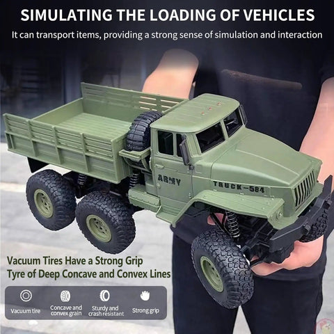 Person holding One Sixteenth Scale 6x6 RC Military Truck Off Road Toy Car 4WD All Terrain Army Transport Vehicle With Real Rubber Tires