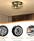Two Light Industrial Farmhouse Ceiling Light With Dope Black Metal Cage UL Certified Rustic Vintage Finish Flush Mount Detail